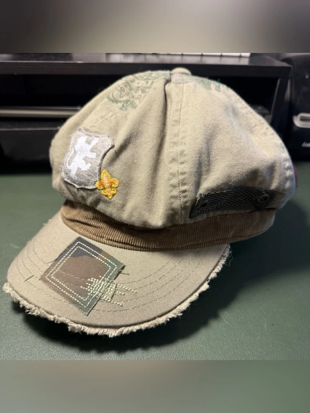 Vintage Distressed Military Cadet Cap Khaki Patchwork Cotton Newsboy Hat Unisex